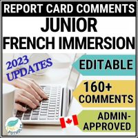 Cover image for Junior French Immersion report card comment bank with key benefits highlighted.