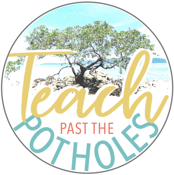Logo for Teach Past the Potholes with tree and blue ocean.