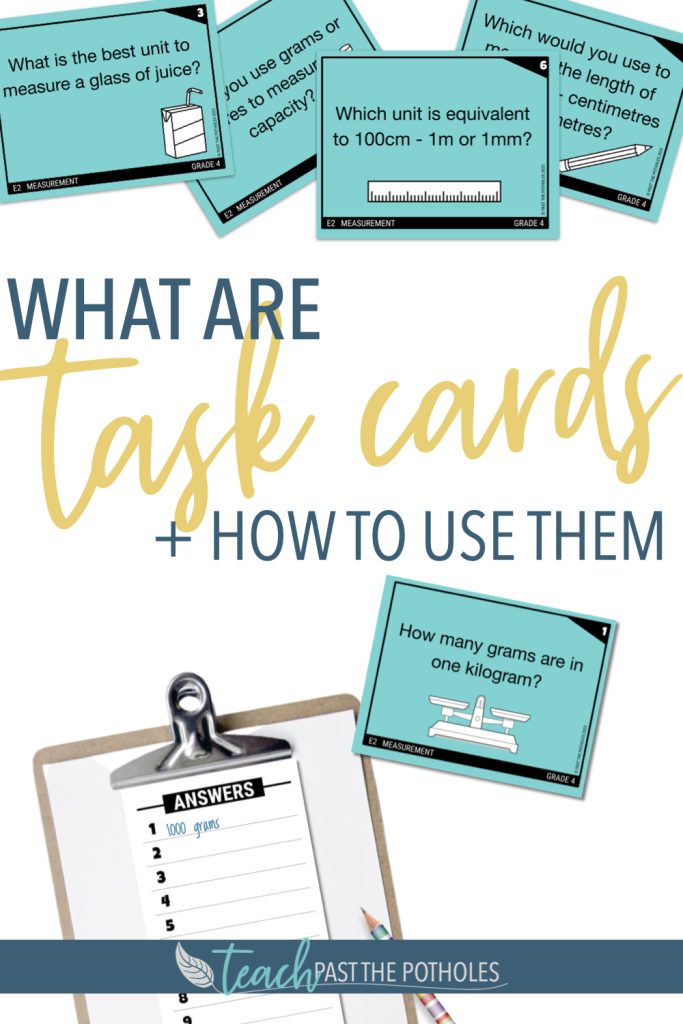 Task card images with text: What are task cards and how to use them.  Click to save!