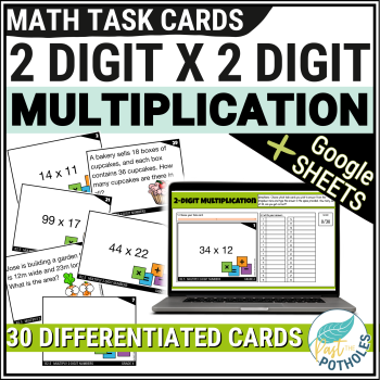Cover image for double digit multiplication task cards for math practice with example images.